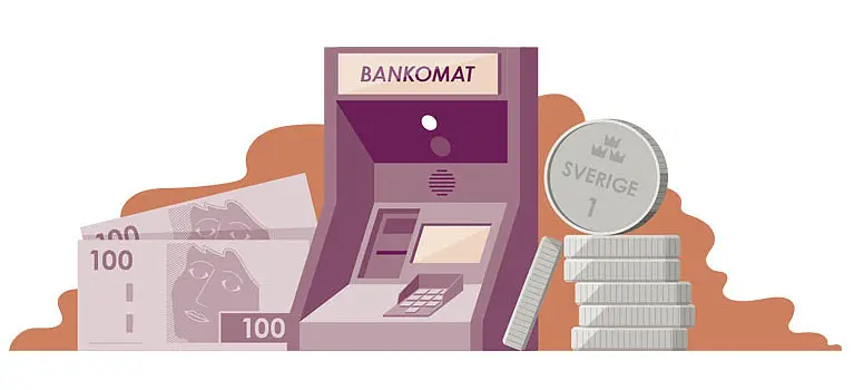 Illustration av bankomat, sedlar och mynt.