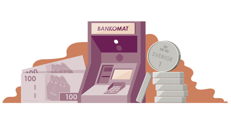 Illustration av bankomat, sedlar och mynt