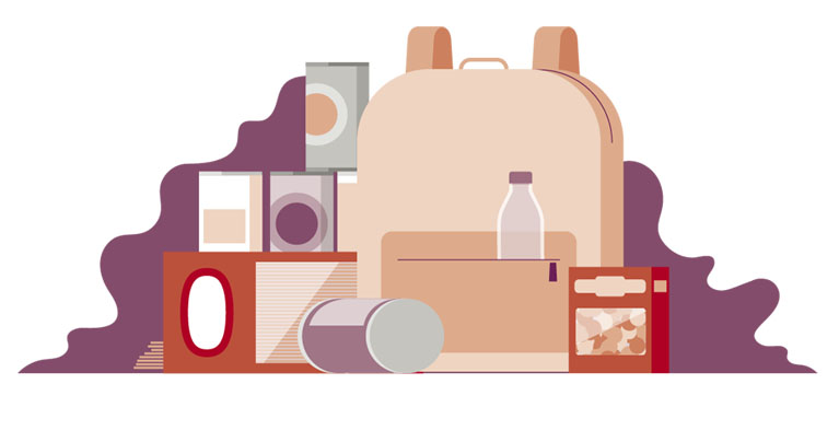 Illustration av matvaror att packa ner i en krislåda