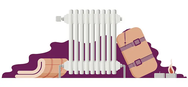 Illustration av ett element, sovsäck och filtar.
