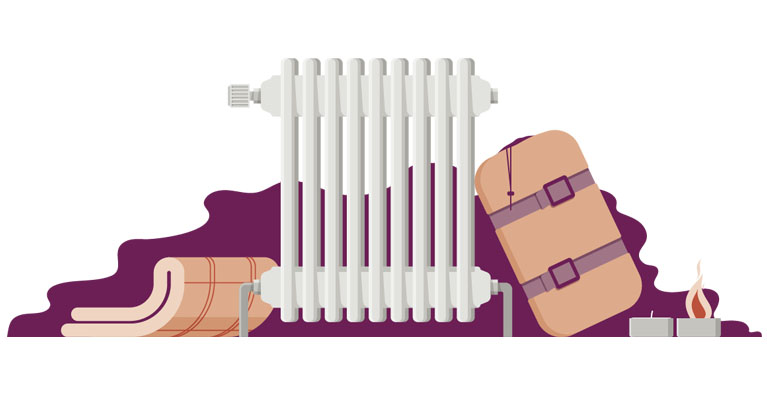 Illustration av ett element, sovsäck och filtar