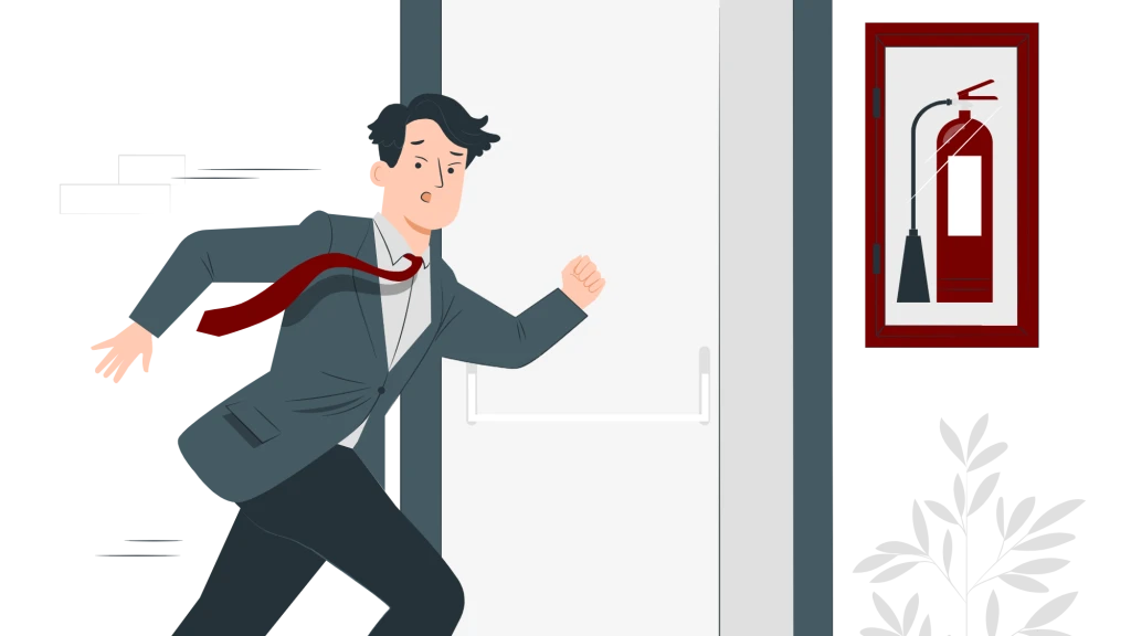 Illustration av en man springer mot ett skåp med en brandsläckare. Bakom mannen syns en öppen nödutgång.