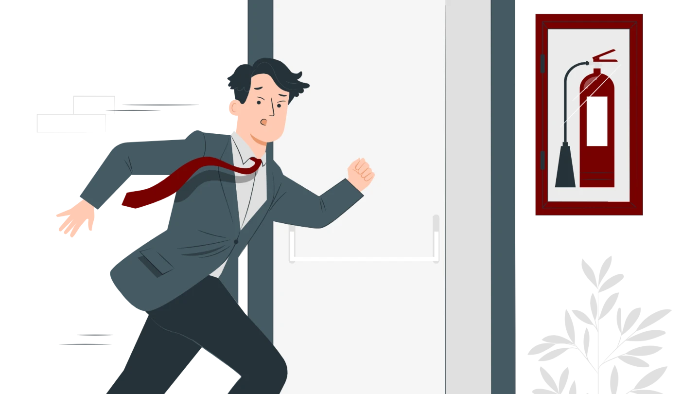 Illustration av en man springer mot ett skåp med en brandsläckare. Bakom mannen syns en öppen nödutgång.