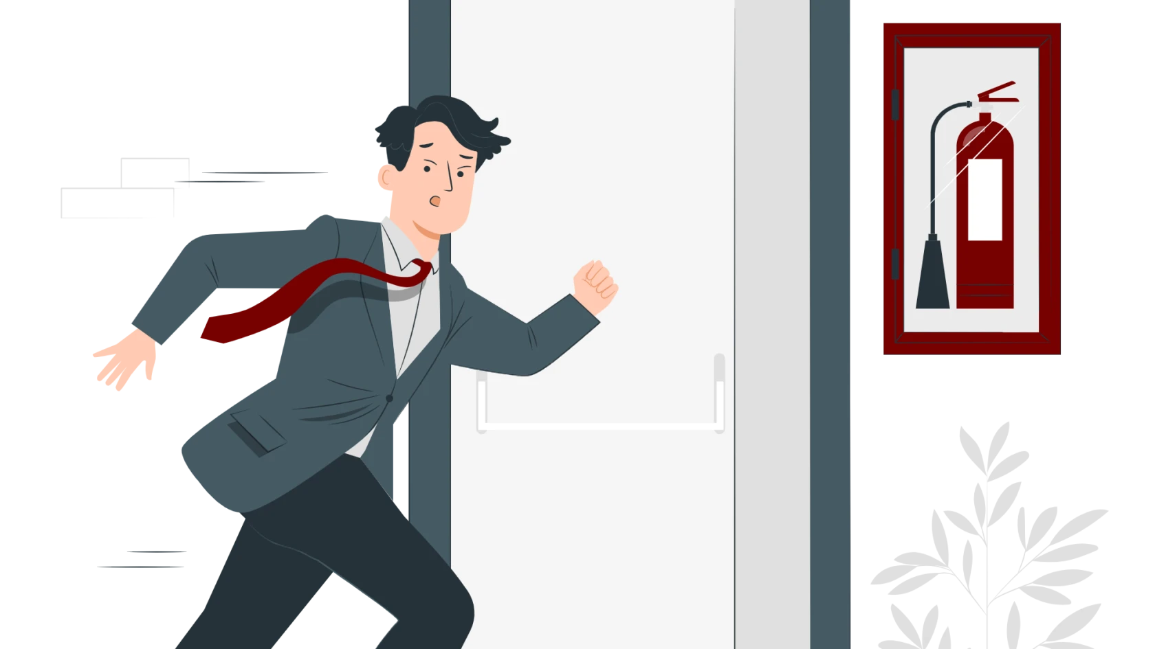 Illustration av en man springer mot ett skåp med en brandsläckare. Bakom mannen syns en öppen nödutgång.