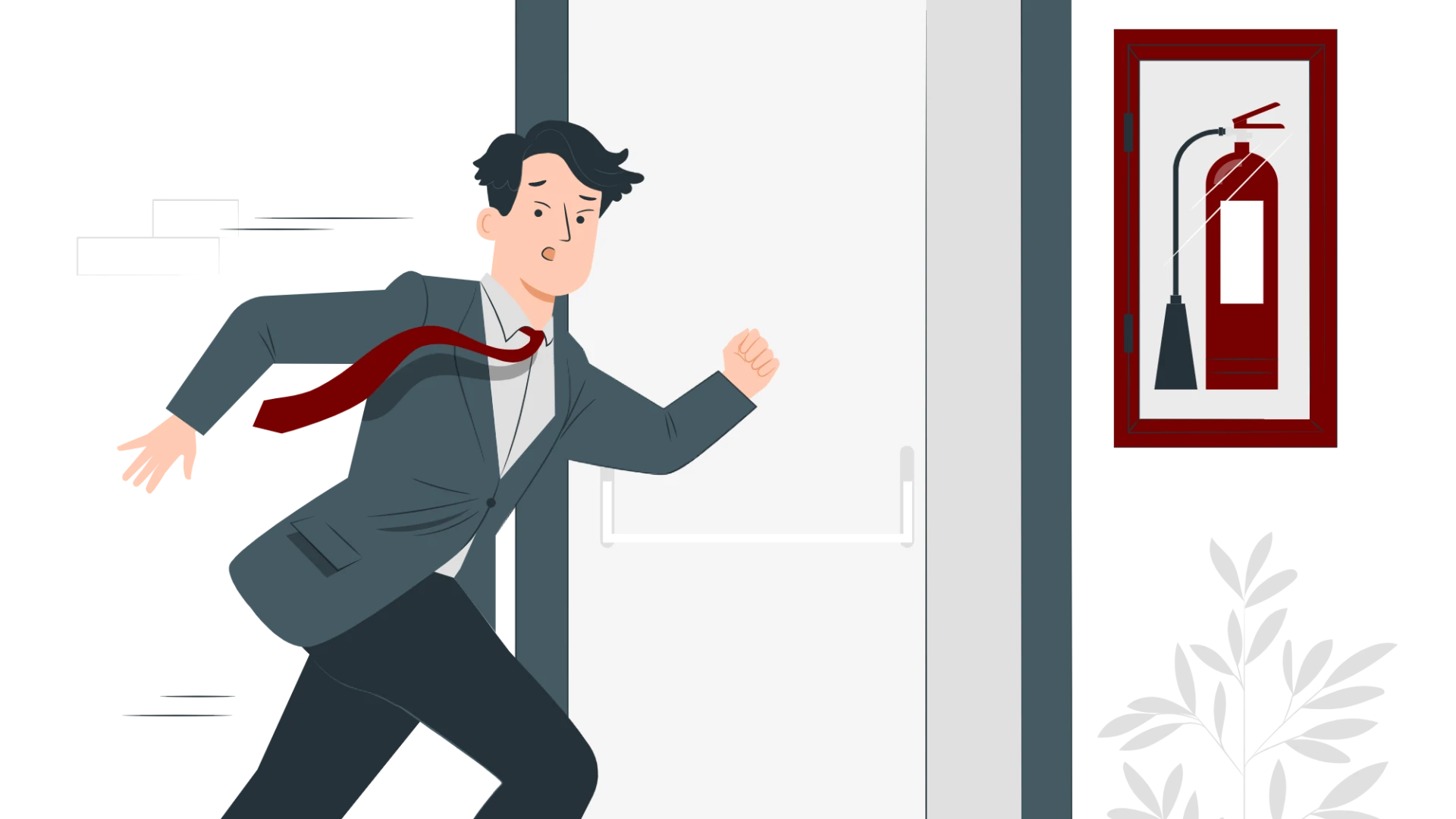 Illustration av en man springer mot ett skåp med en brandsläckare. Bakom mannen syns en öppen nödutgång.