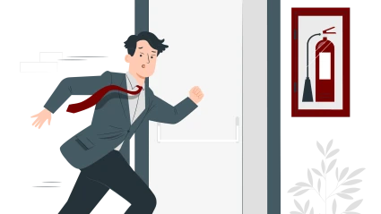 Illustration av en man springer mot ett skåp med en brandsläckare. Bakom mannen syns en öppen nödutgång.