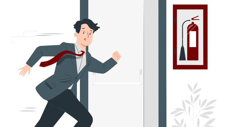Illustration av en man springer mot ett skåp med en brandsläckare. Bakom mannen syns en öppen nödutgång.