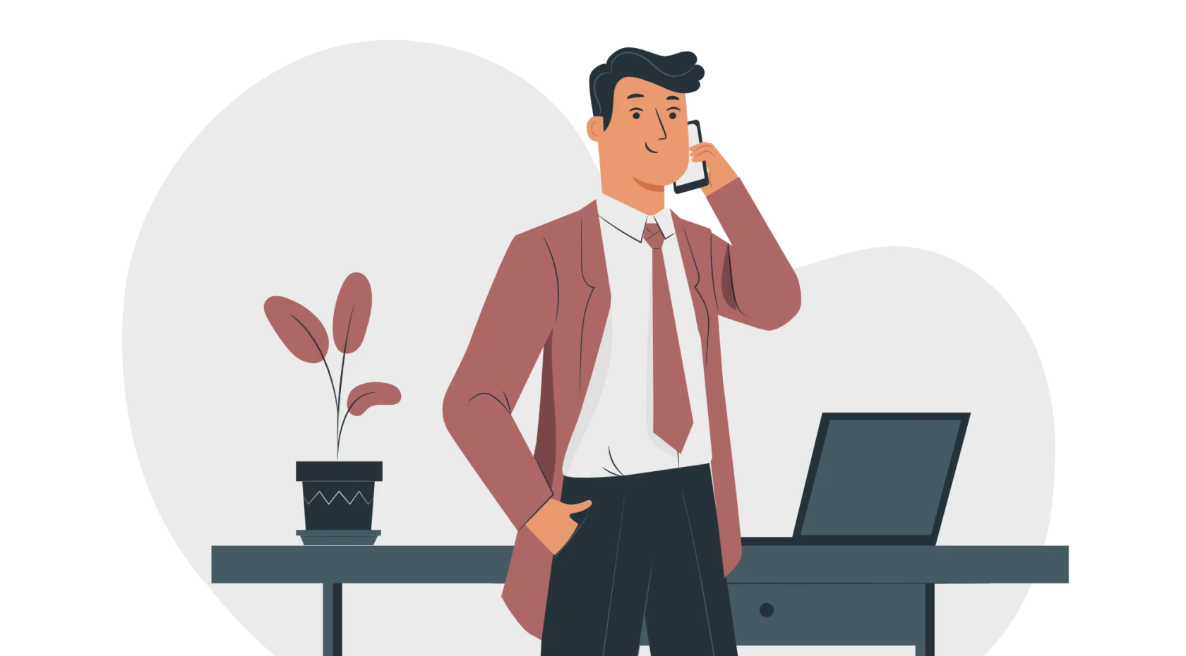 Illustration av en man som står och pratar i en mobiltelefon. I bakgrunden syns ett skrivbord med en växt och en bärbar dator.