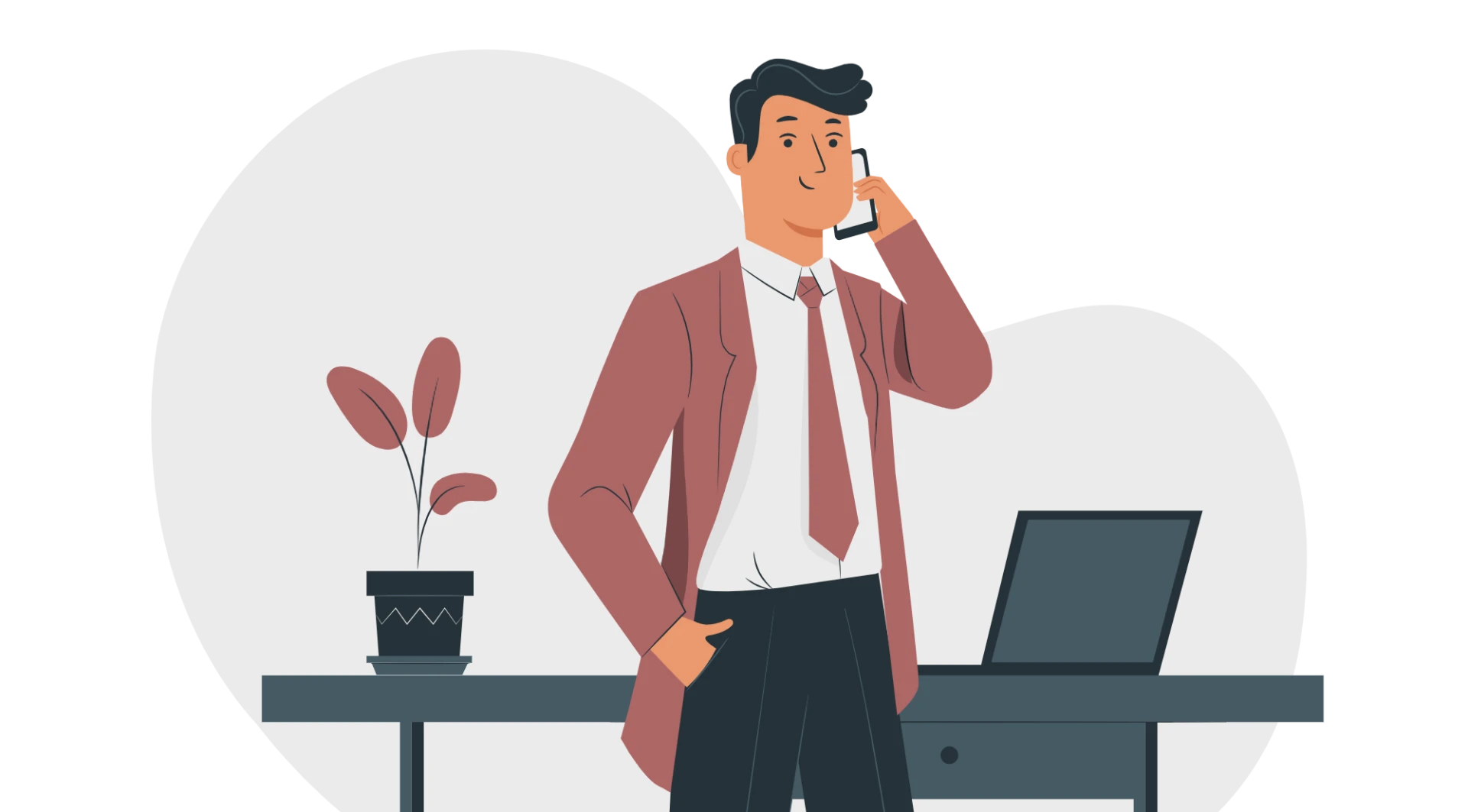 Illustration av en man som står och pratar i en mobiltelefon. I bakgrunden syns ett skrivbord med en växt och en bärbar dator.