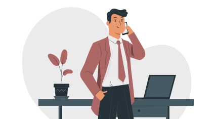 Illustration av en man som står och pratar i en mobiltelefon. I bakgrunden syns ett skrivbord med en växt och en bärbar dator.