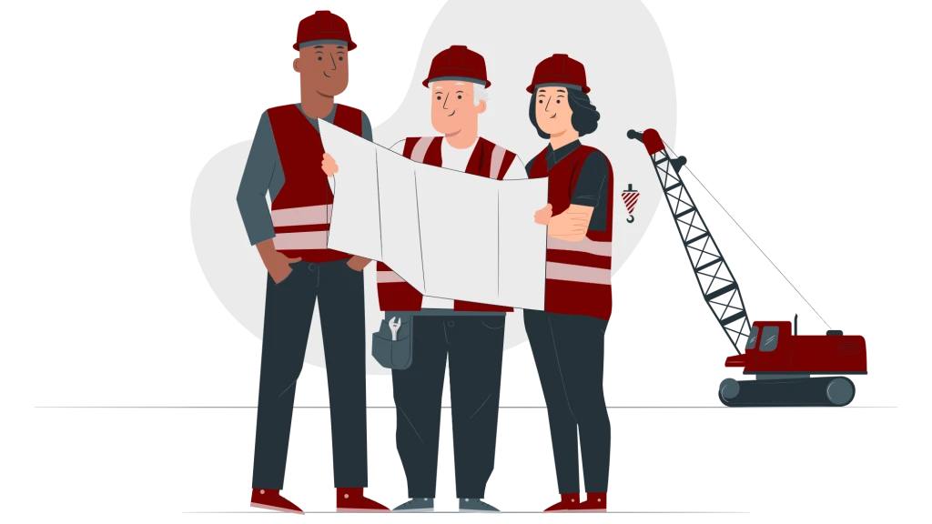 Illustration av tre personer med hjälmar som tittar tillsammans på en ritning. I bakgrunden syns en lyftkran.