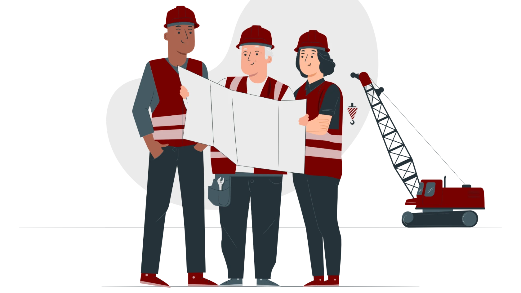 Illustration av tre personer med hjälmar som tittar tillsammans på en ritning. I bakgrunden syns en lyftkran.