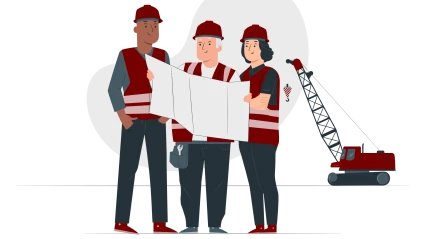Illustration av tre personer med hjälmar som tittar tillsammans på en ritning. I bakgrunden syns en lyftkran.