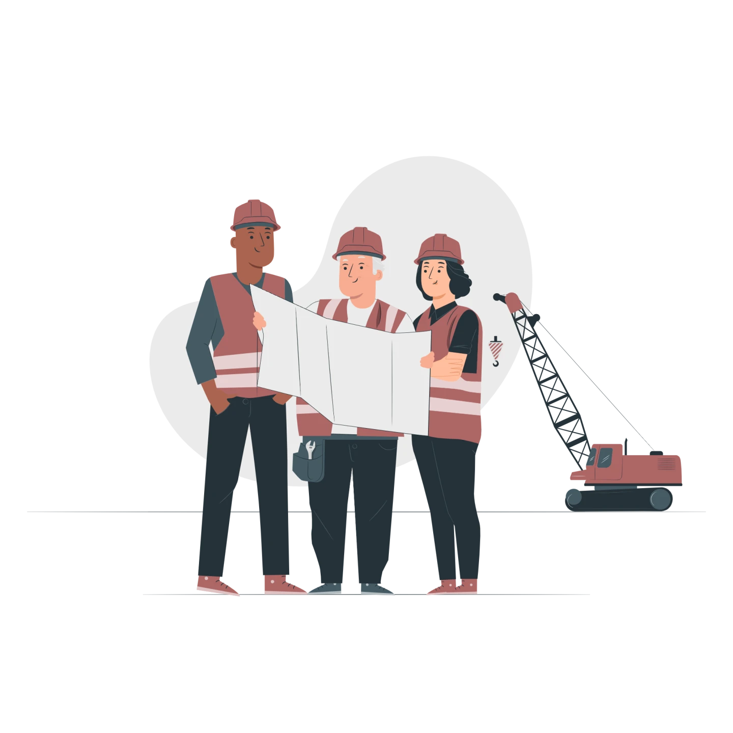 Illustration av tre personer med hjälmar som tittar tillsammans på en ritning. I bakgrunden syns en lyftkran.