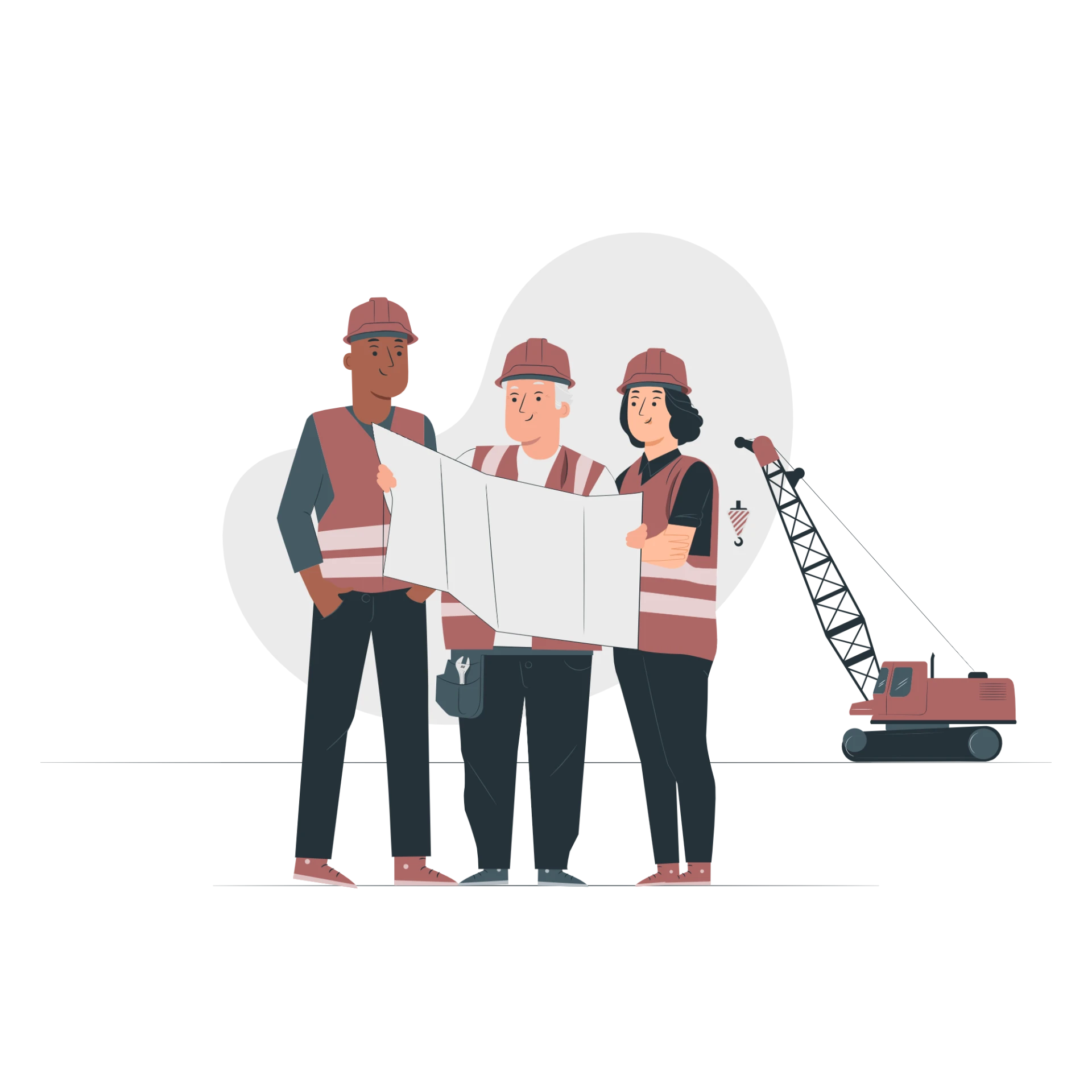 Illustration av tre personer med hjälmar som tittar tillsammans på en ritning. I bakgrunden syns en lyftkran.