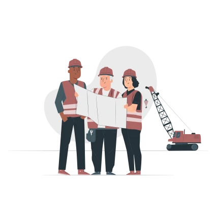 Illustration av tre personer med hjälmar som tittar tillsammans på en ritning. I bakgrunden syns en lyftkran.