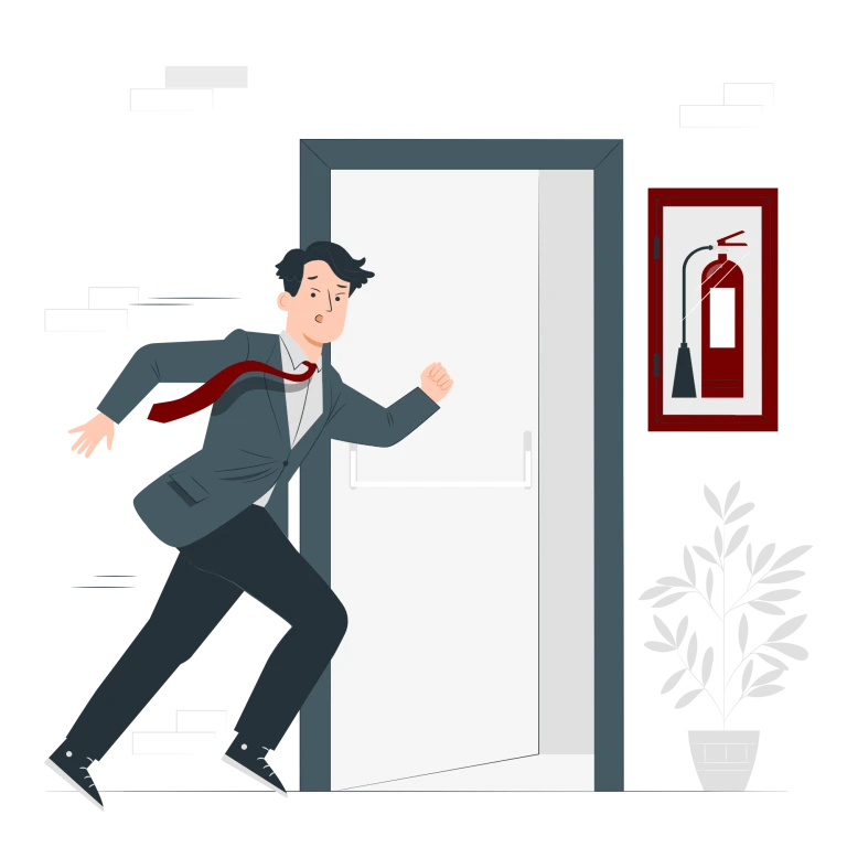 Illustration av en man springer mot ett skåp med en brandsläckare. Bakom mannen syns en öppen nödutgång.