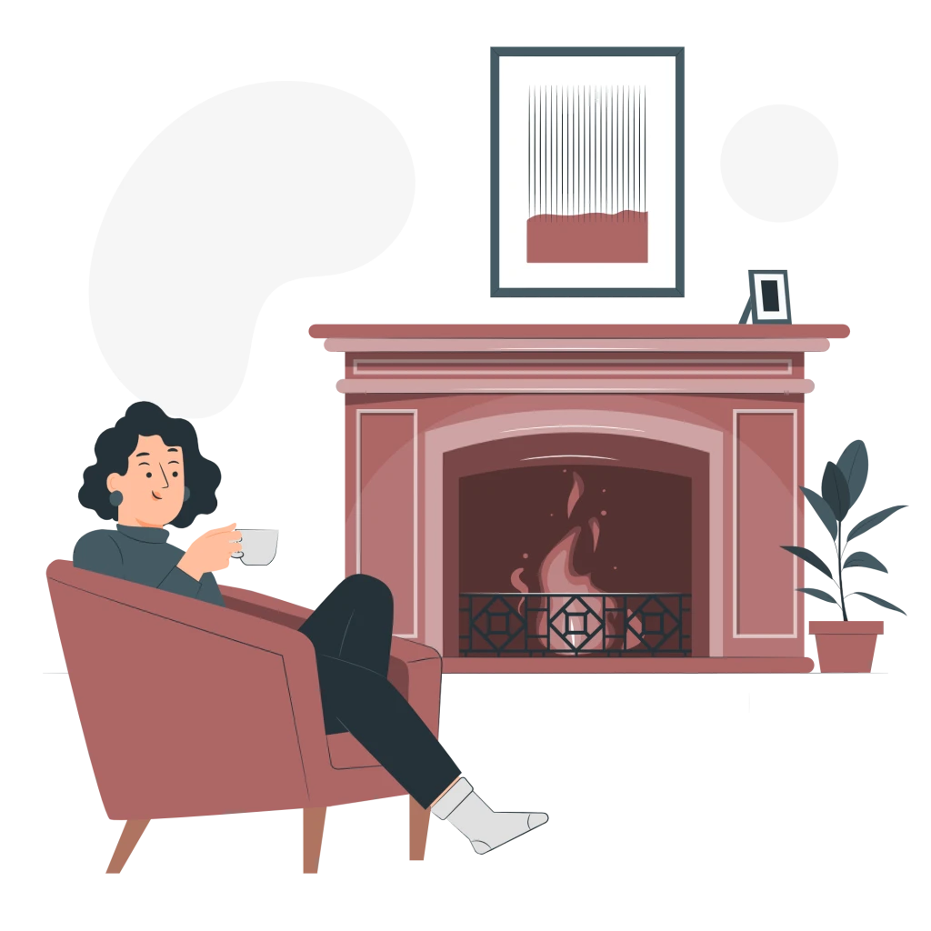 Illustration av en kvinna som sitter i en fåtölj med en kaffekopp i handen. I bakgrunden brinner en brasa i en öppen spis.