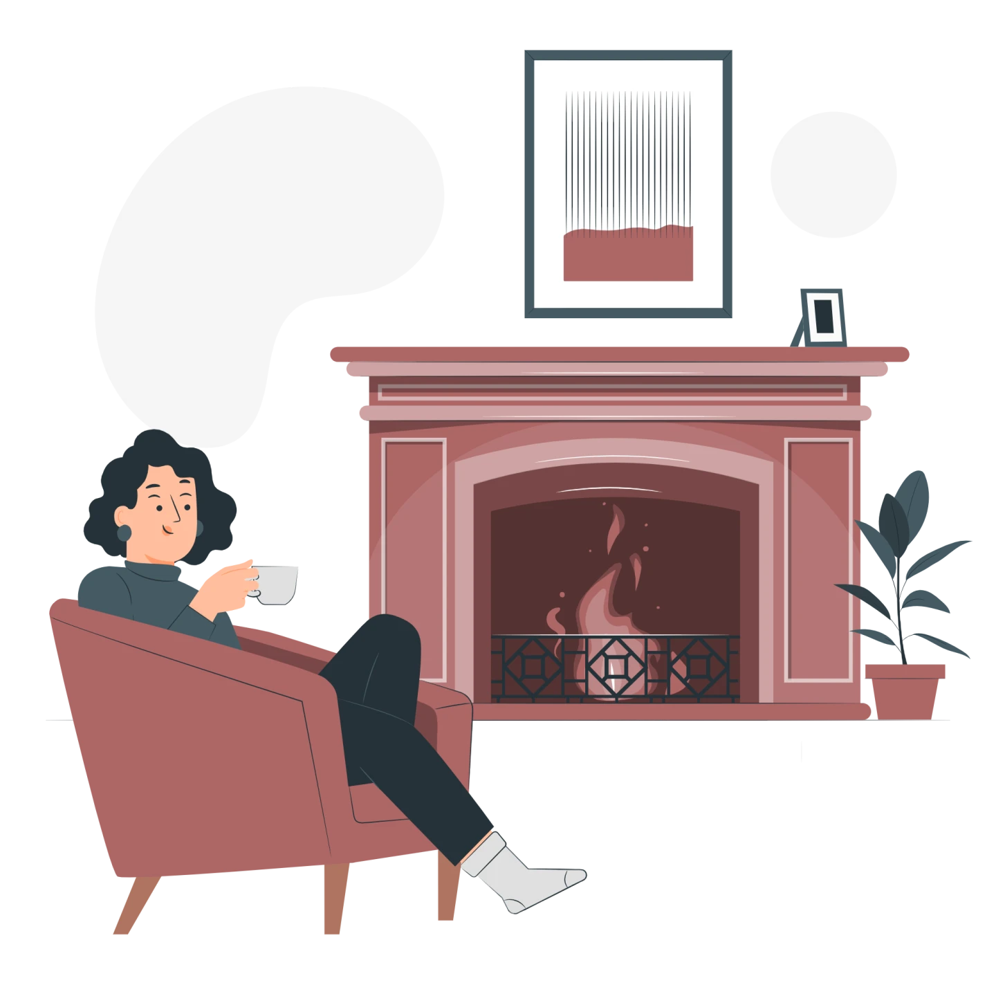 Illustration av en kvinna som sitter i en fåtölj med en kaffekopp i handen. I bakgrunden brinner en brasa i en öppen spis.