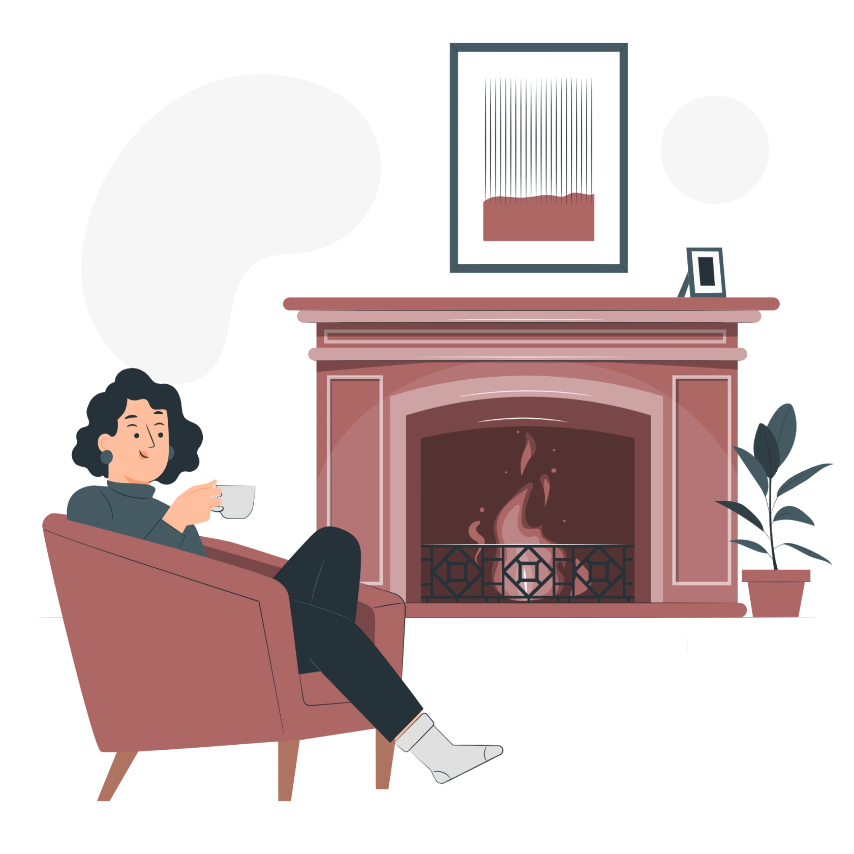 Illustration av en kvinna som sitter i en fåtölj med en kaffekopp i handen. I bakgrunden brinner en brasa i en öppen spis.