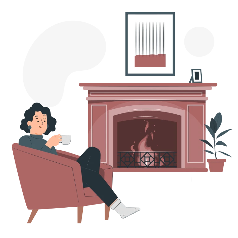 Illustration av en kvinna som sitter i en fåtölj med en kaffekopp i handen. I bakgrunden brinner en brasa i en öppen spis.