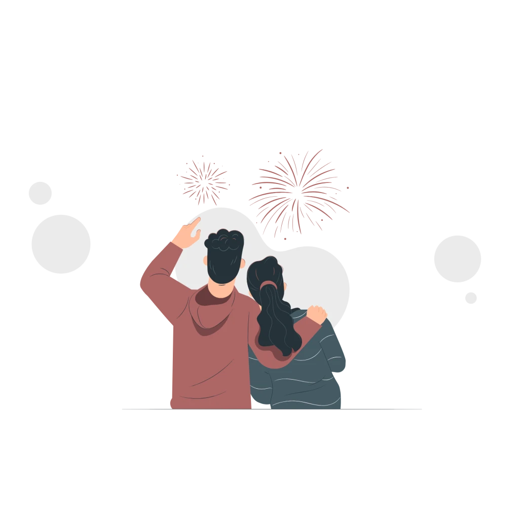 Illustration av två personer som står och tittar på fyrverkerier.