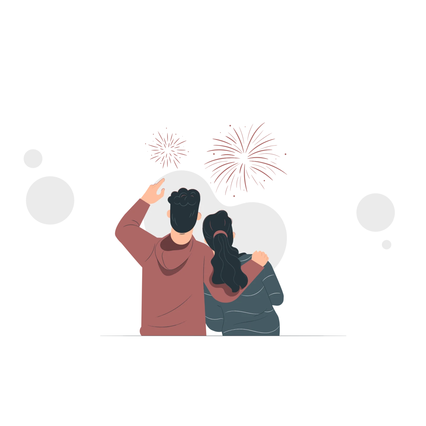 Illustration av två personer som står och tittar på fyrverkerier.