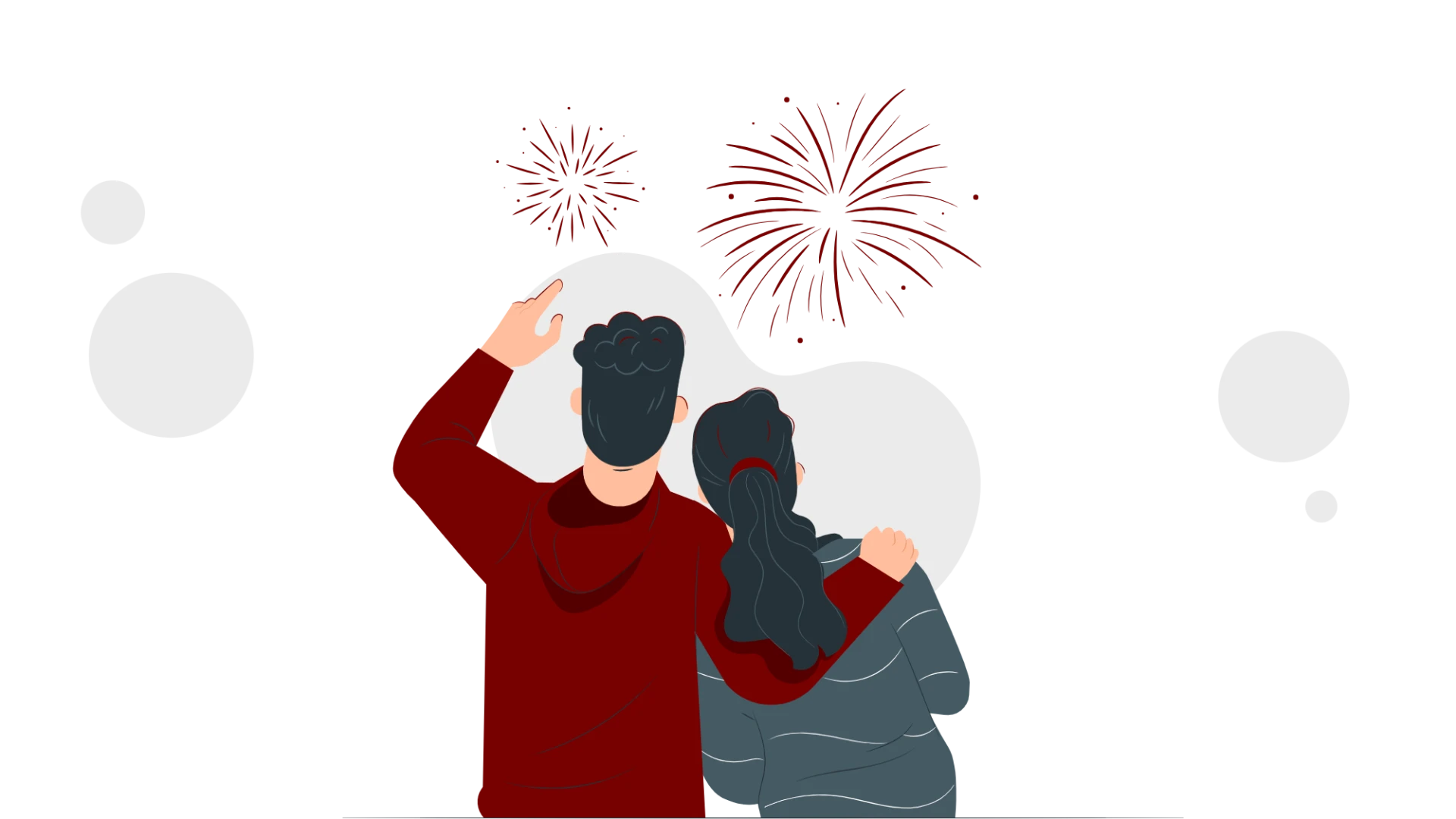 Illustration av två personer som står och tittar på fyrverkerier.