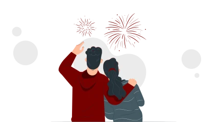 Illustration av två personer som står och tittar på fyrverkerier.