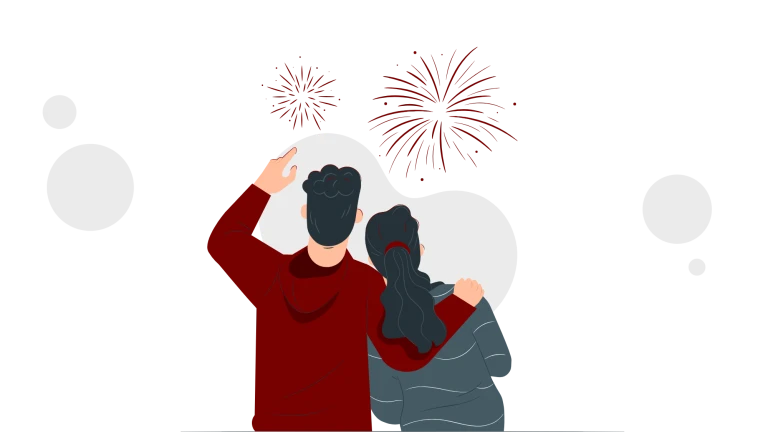 Illustration av två personer som står och tittar på fyrverkerier.