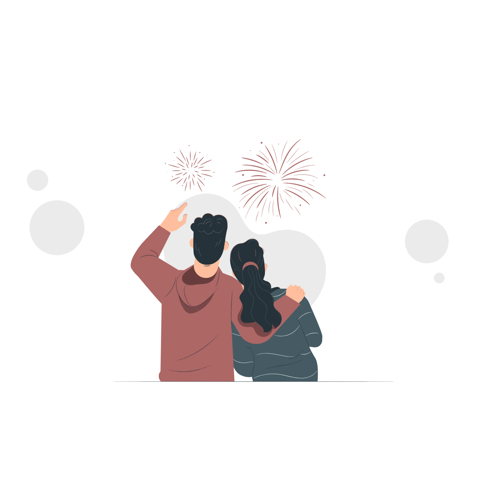 Illustration av två personer som står och tittar på fyrverkerier.