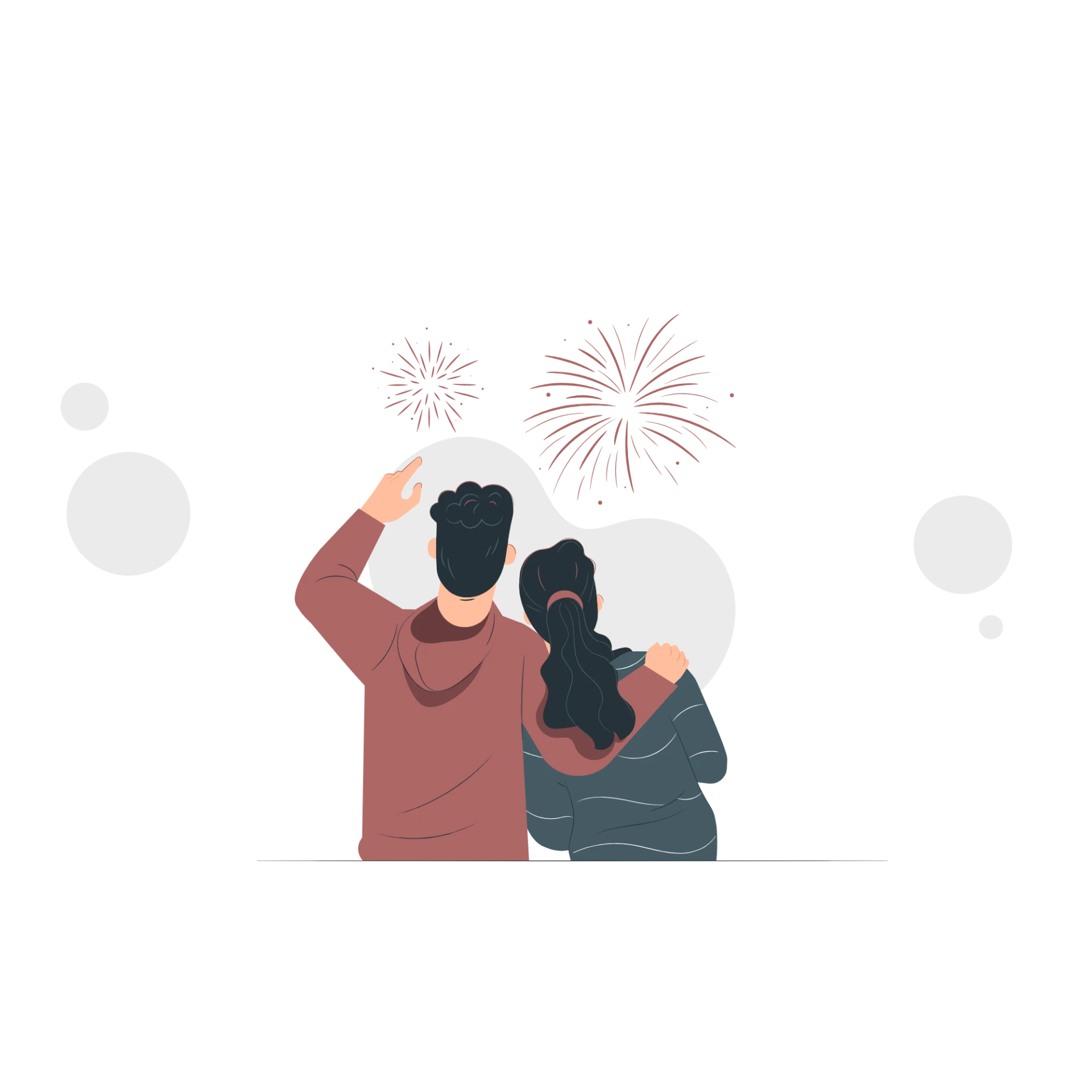 Illustration av två personer som står och tittar på fyrverkerier.