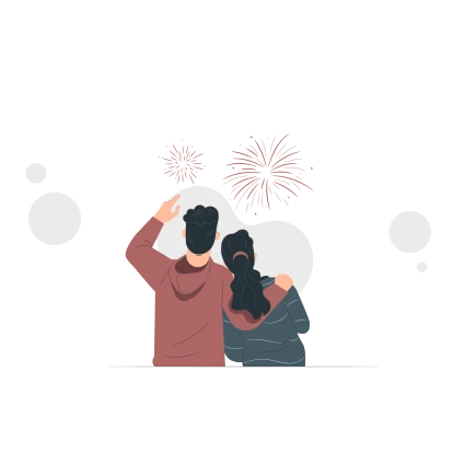 Illustration av två personer som står och tittar på fyrverkerier.