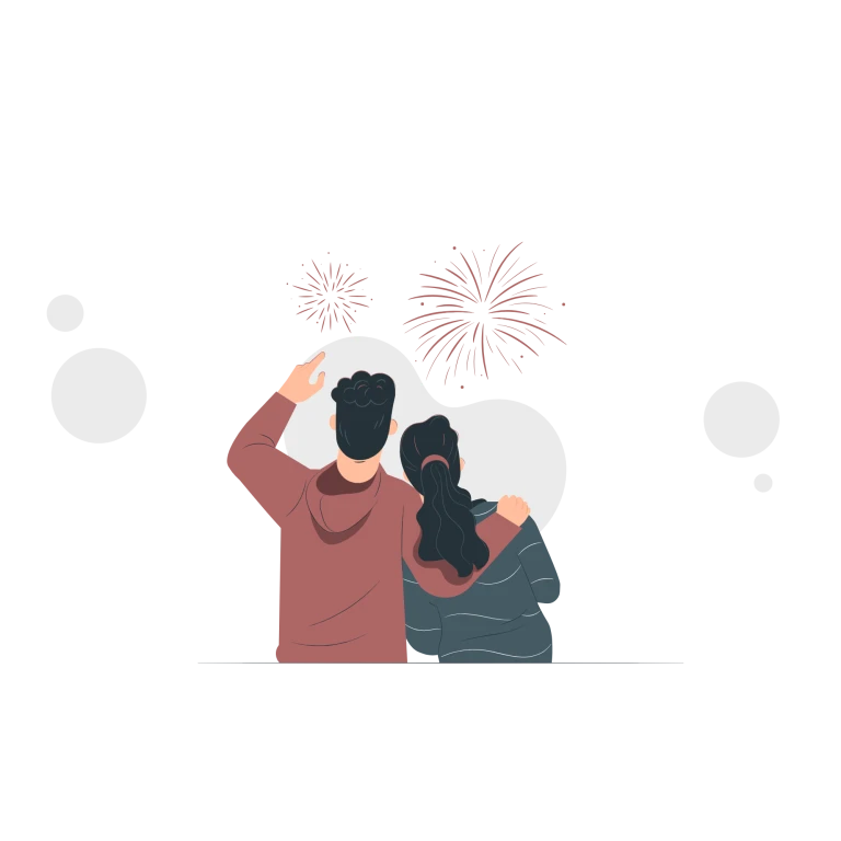 Illustration av två personer som står och tittar på fyrverkerier.