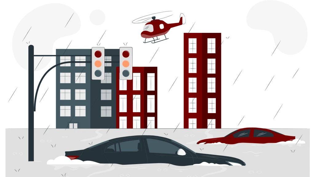 Illustration av en översvämning med ett trafikljus och två bilar halvt täckta av vatten. I bakgrunden syns tre höghus och en helikopter.