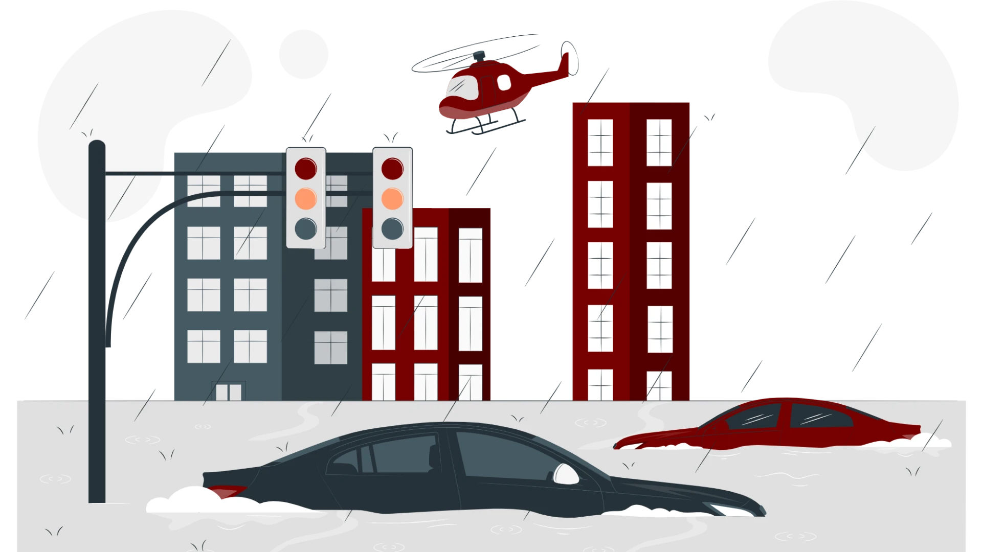 Illustration av en översvämning med ett trafikljus och två bilar halvt täckta av vatten. I bakgrunden syns tre höghus och en helikopter.