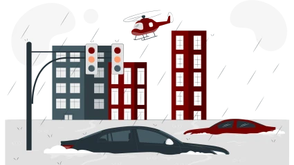 Illustration av en översvämning med ett trafikljus och två bilar halvt täckta av vatten. I bakgrunden syns tre höghus och en helikopter.