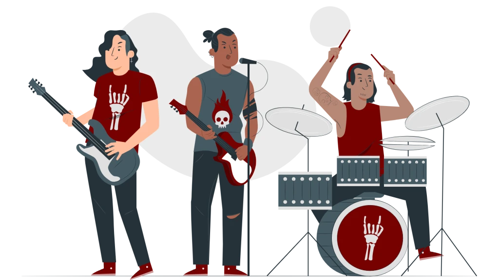 Illustration av ett rockband som spelar musik.