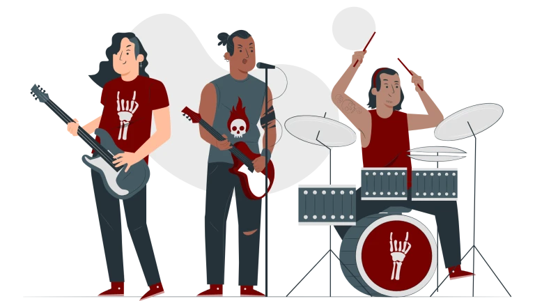 Illustration av ett rockband som spelar musik.
