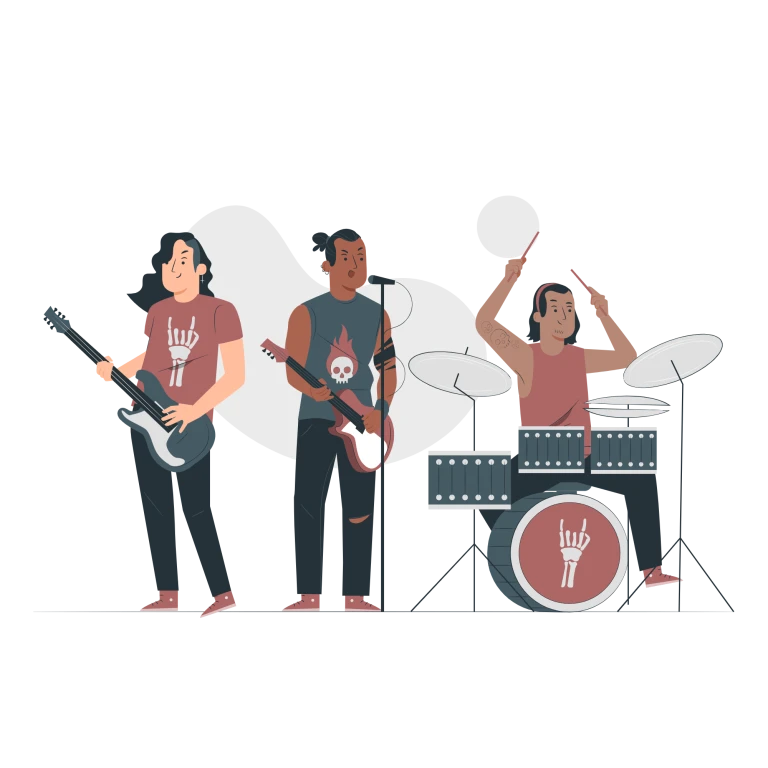 Illustration av ett rockband som spelar musik.