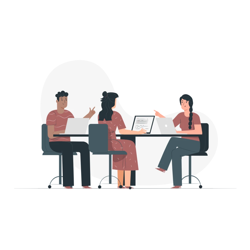 Illustration av tre personer som diskuterar vid ett bord med bärbara datorer.