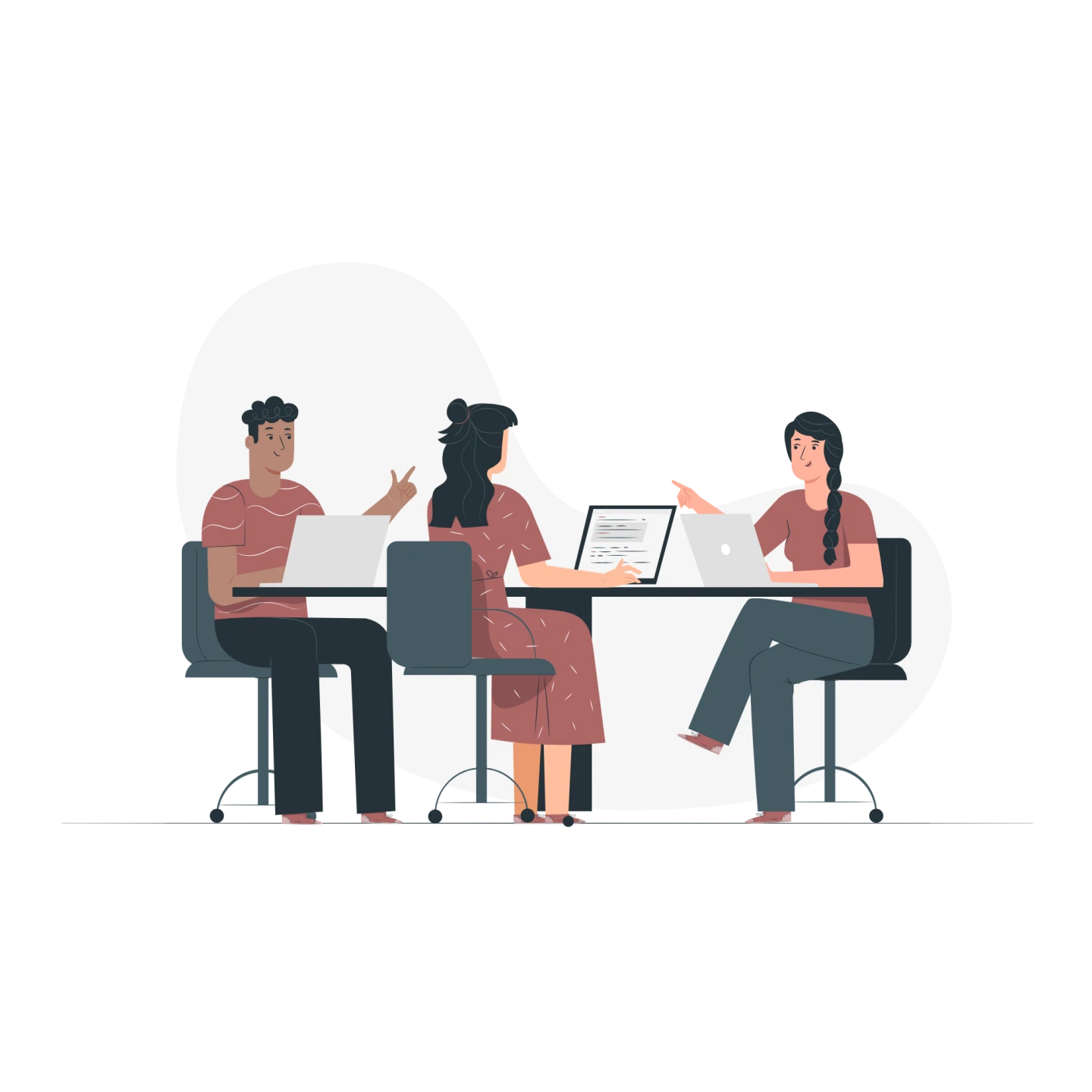 Illustration av tre personer som diskuterar vid ett bord med bärbara datorer.