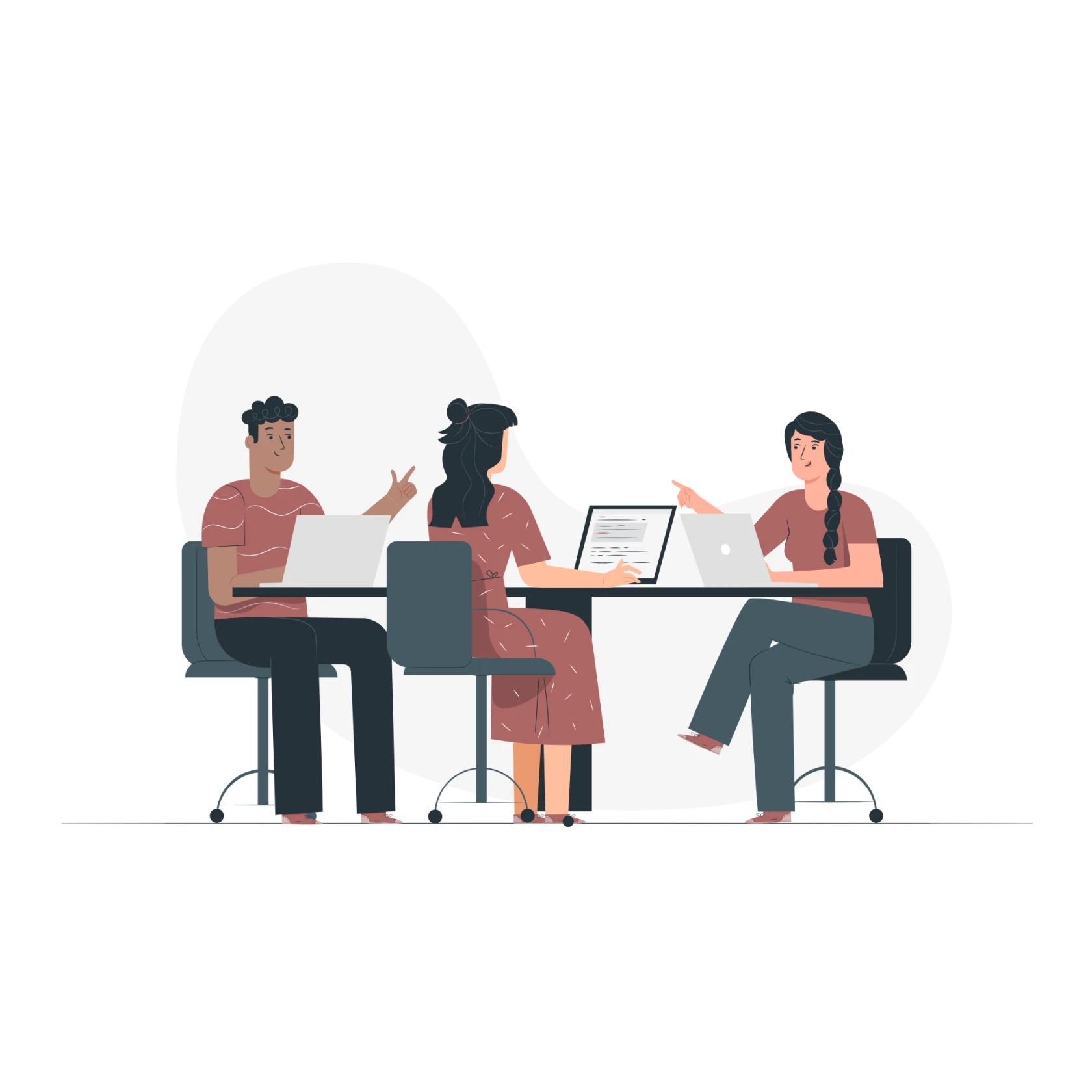Illustration av tre personer som diskuterar vid ett bord med bärbara datorer.