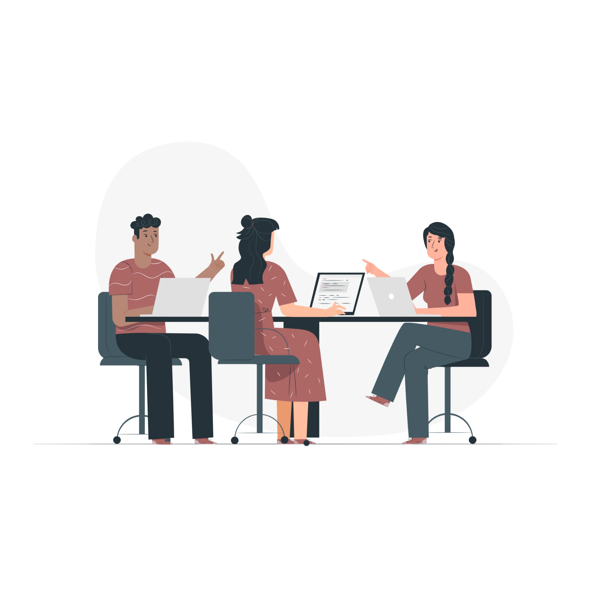 Illustration av tre personer som diskuterar vid ett bord med bärbara datorer.