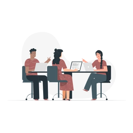 Illustration av tre personer som diskuterar vid ett bord med bärbara datorer.