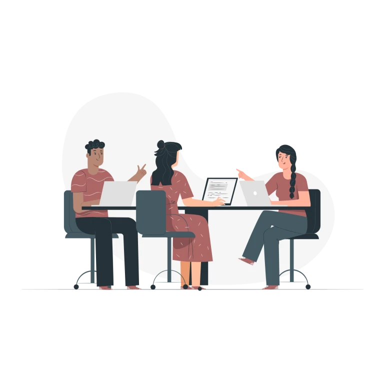 Illustration av tre personer som diskuterar vid ett bord med bärbara datorer.