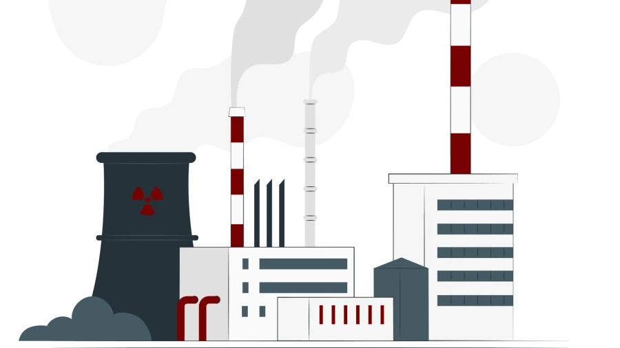 Illustration av fabriker med rykande skortstenar.