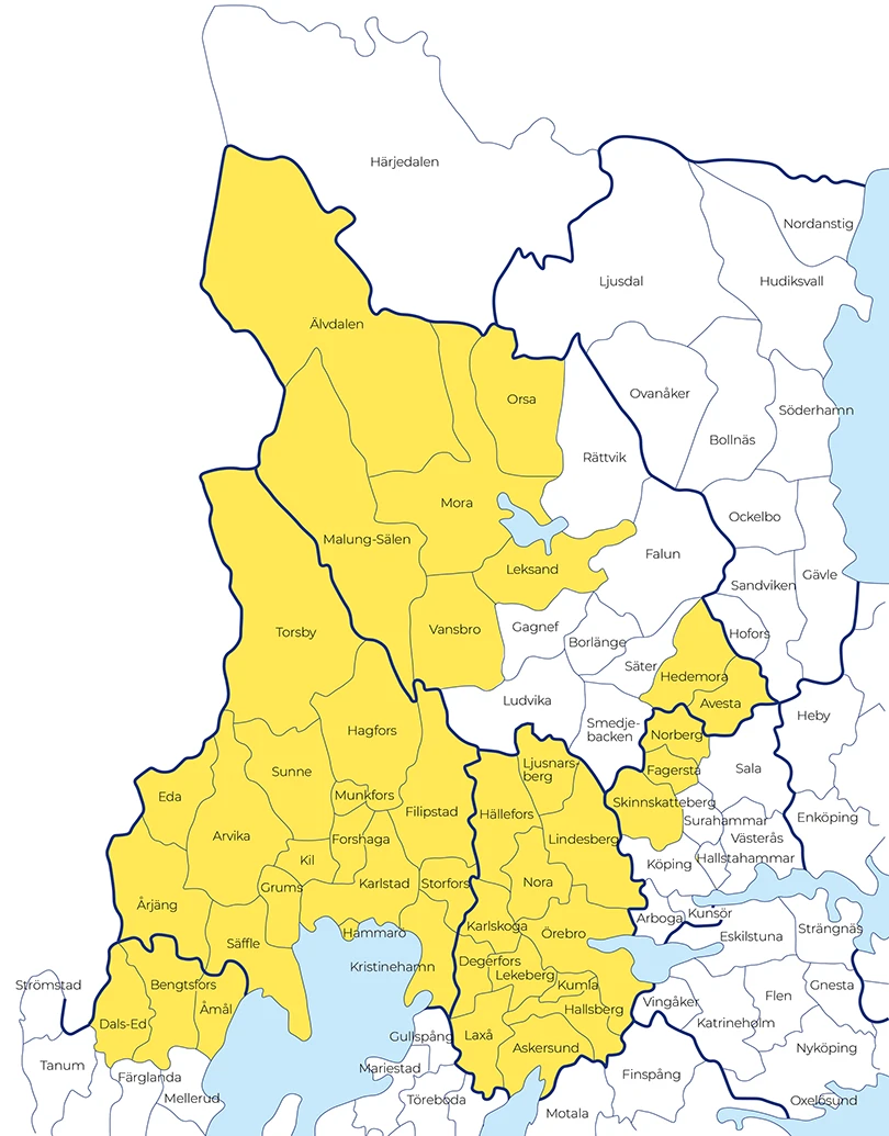 Karta över Räddningsregion Bergslagen. Kommuner som ingår i organisationen är markerade i gult.